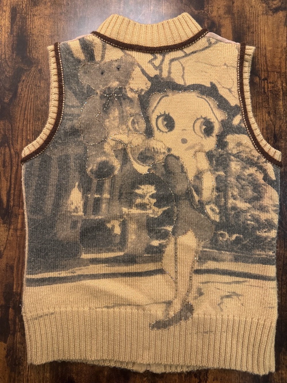 Betty Boop Beige and Brown Knit Sleeveless Sweater Vest